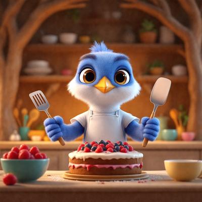 The primary subject of the image is a blue bird, possibly a parrot, standing in a kitchen and holding a fork and a spoon. The bird is positioned in front of a cake, which is placed on a dining table. The setting includes a bowl, a cup, and a potted plant, which are all part of the kitchen environment. The visual style of the image is a combination of photo and digital art, creating a unique and whimsical scene. The colors and mood of the image are predomin
